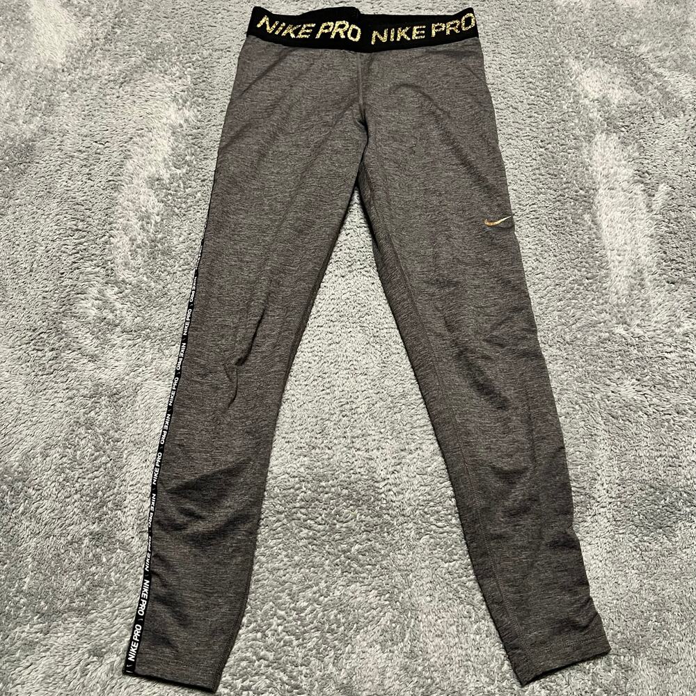 Nike Pro Leggings Pants Womens Small Gray Gold Full Lwngth Ankle